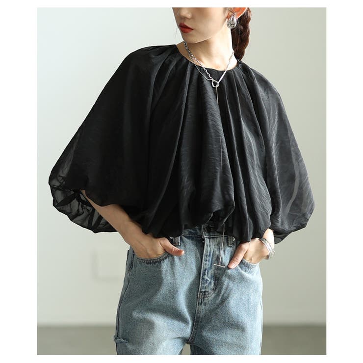 ブラック | ふわり心ときめくオーガンジーバルーンシルエットブラウス レディース ファッション | Sawa a la mode