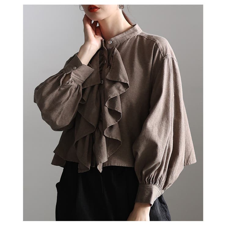 ブラウン | 大人の特別感纏うラッフルフリルボリューム袖ブラウス レディース ファッション | Sawa a la mode