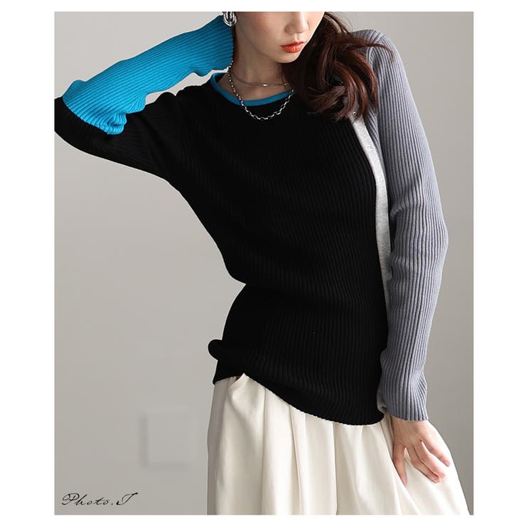ブラック | モード感度抜群なアシンメトリー配色リブニットトップス レディース ファッション | Sawa a la mode