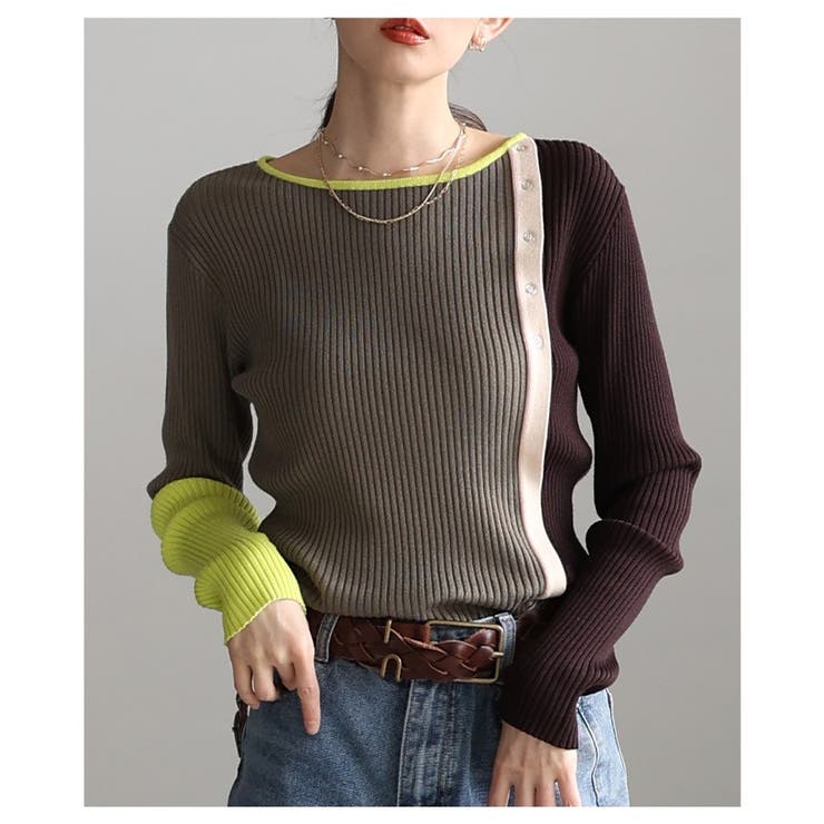 ブラウン | モード感度抜群なアシンメトリー配色リブニットトップス レディース ファッション | Sawa a la mode