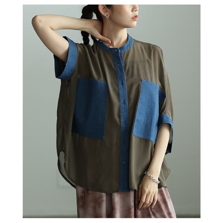 カーキ | ふわりと舞う軽やかな異素材シアードルマンブラウス レディース ファッション | Sawa a la mode
