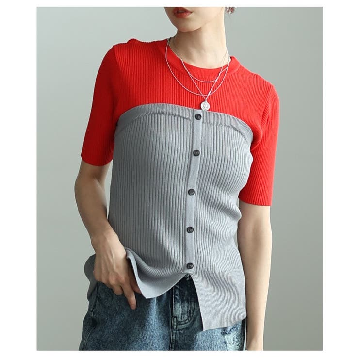 グレー | 重ねず洒落るブロック配色デザインサマーニット レディース ファッション | Sawa a la mode