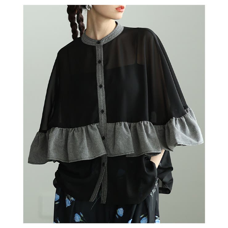 ブラック | ふわり風を纏うような異素材フリルシアーブラウス レディース ファッション | Sawa a la mode