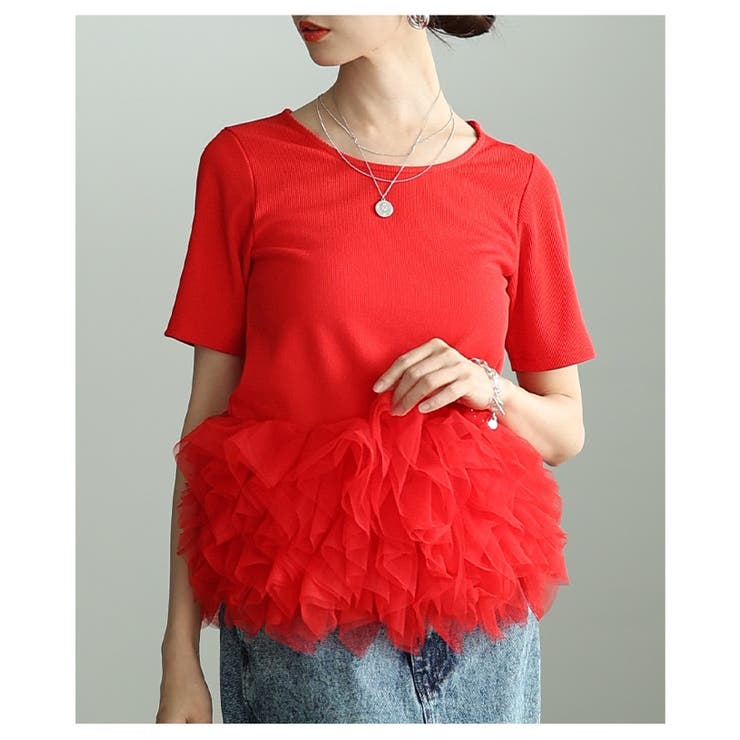 オレンジ | 一瞬でクギ付けにする異素材チュールフリルリブトップス レディース ファッション | Sawa a la mode