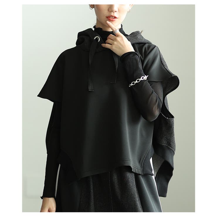 ブラック | 日常にモードが溶け込む異素材バックジップ変形フーディー レディース ファッション | Sawa a la mode