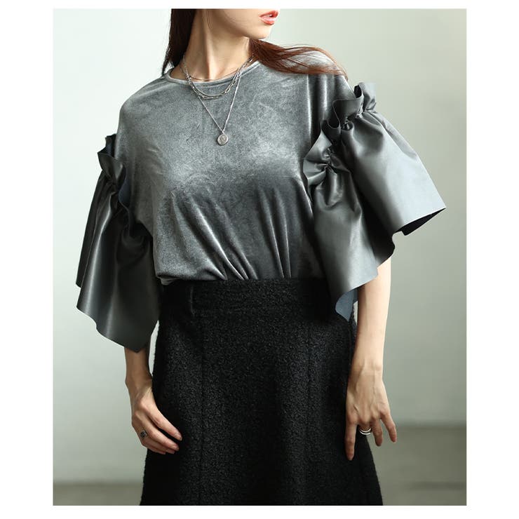 グレー | モードに揺れるベロア×フェイクレザーフレアスリーブトップス レディース ファッシ… | Sawa a la mode
