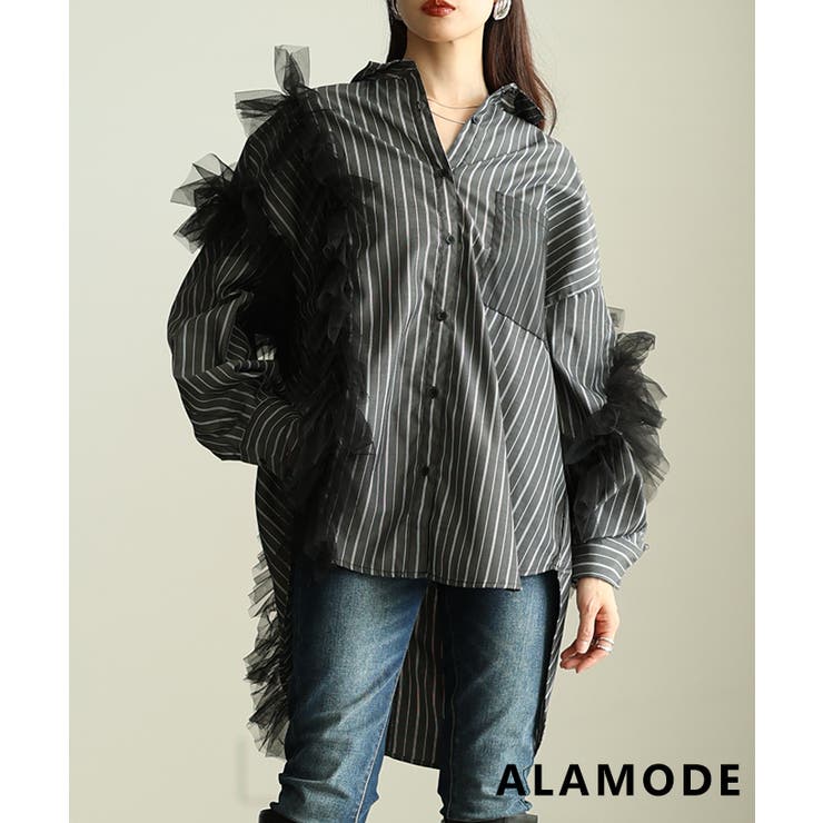 ブラック | チュールが主役のチュールフリルロングストライプシャツ レディース トップス | Sawa a la mode
