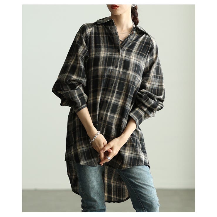 ブラック | 定番をもっと自由にするチェック柄シャツチュニック レディース ファッション | Sawa a la mode