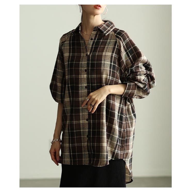 ブラウン | 定番をもっと自由にするチェック柄シャツチュニック レディース ファッション | Sawa a la mode