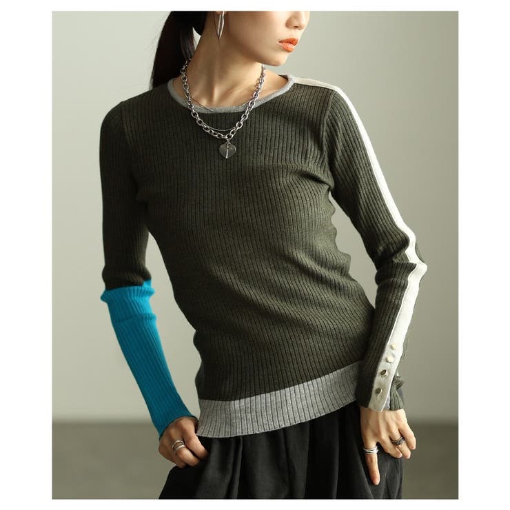 チャコール | 前後抜かりないアシンメトリーカラーブロックリブニットトップス レディース | Sawa a la mode
