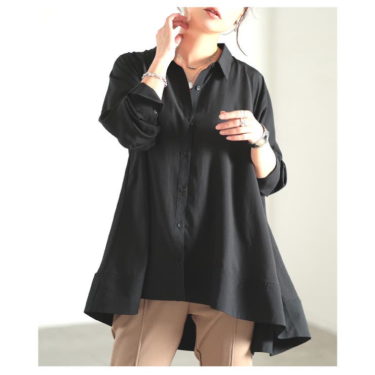 ブラック | シンプルで終わらせないテールヘムフレアブラウス レディース ファッション | Sawa a la mode