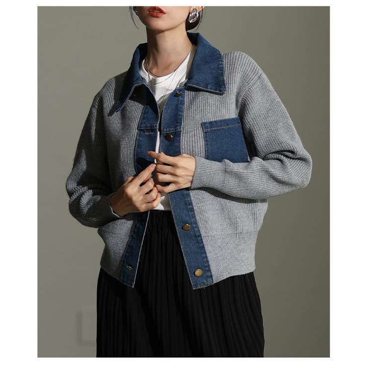 グレー | 大人の遊び心漂うデニム×リブニット異素材シャツ レディース ファッション | Sawa a la mode