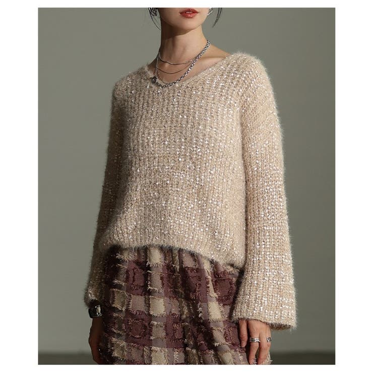 ベージュ | 表情を豊かにするリボンヤーンローゲージリブニット レディース ファッション | Sawa a la mode