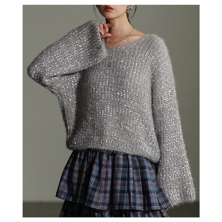 グレー | 表情を豊かにするリボンヤーンローゲージリブニット レディース ファッション | Sawa a la mode