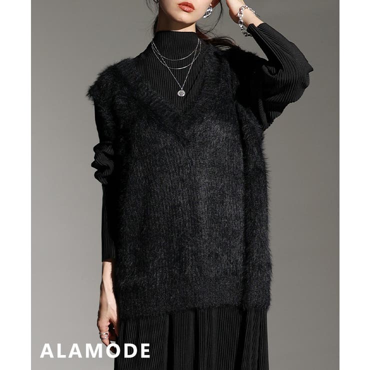 ブラック | 秋冬レイヤードを楽しむシャギーニットベスト レディース ファッション | Sawa a la mode