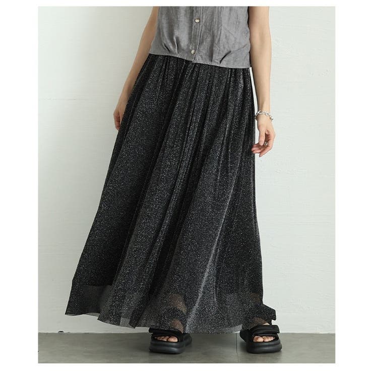 ブラック | 揺れる度に煌めくラメ入りシアーニットギャザーフレアスカート レディース | Sawa a la mode