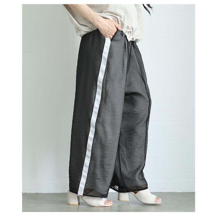 ブラック | オーガンジーレイヤードサイドラインロングパンツ レディース ファッション | Sawa a la mode