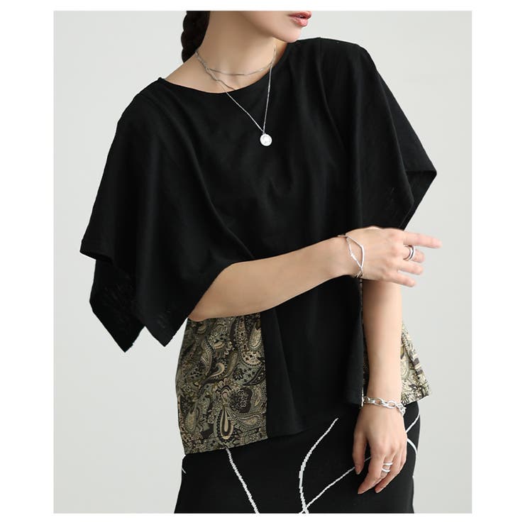 ブラック | 横顔まで美しいペイズリー柄切替スクエアスリーブトップス レディース ファッション | Sawa a la mode