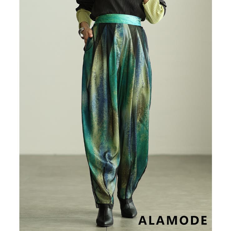 イエロー | 光と色で遊ばせるアートパターンオーガンジーワイドパンツ レディース ボトムス | Sawa a la mode