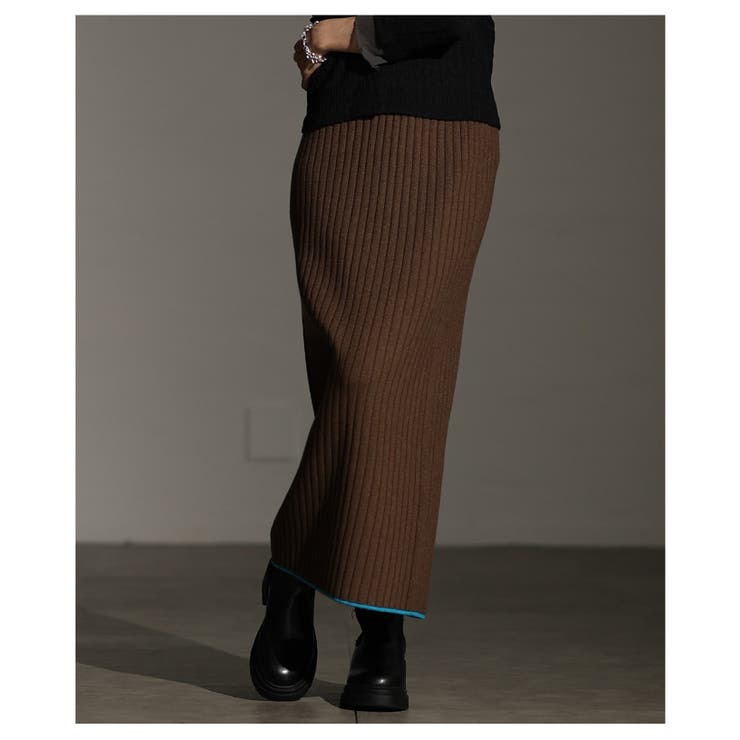 ブラウン | 遊び心をひと匙加えたリブニット配色ラインナロースカート レディース ファッション | Sawa a la mode