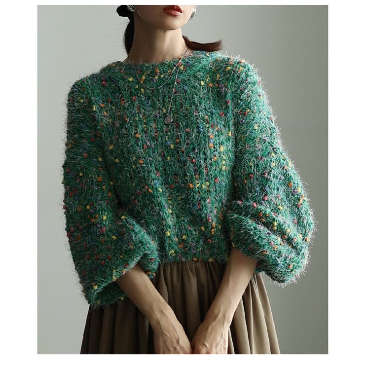 グリーン | ホリデー気分高まるカラフルネップMIXニットトップス レディース ファッション | Sawa a la mode