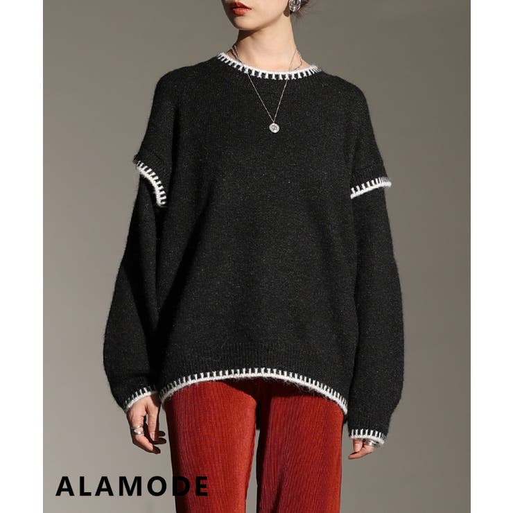 ブラック | 一枚で洒落るゆったりステッチニットトップス レディース ファッション | Sawa a la mode