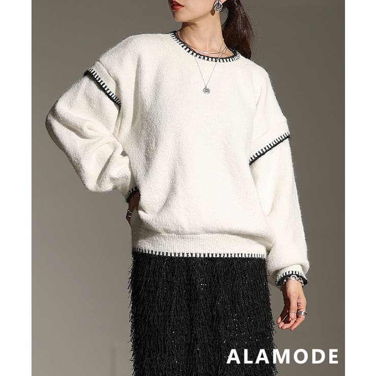 アイボリー | 一枚で洒落るゆったりステッチニットトップス レディース ファッション | Sawa a la mode