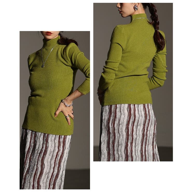 グリーン | ベーシックが着こなしやすいハイネックニットトップス レディース ファッション | Sawa a la mode