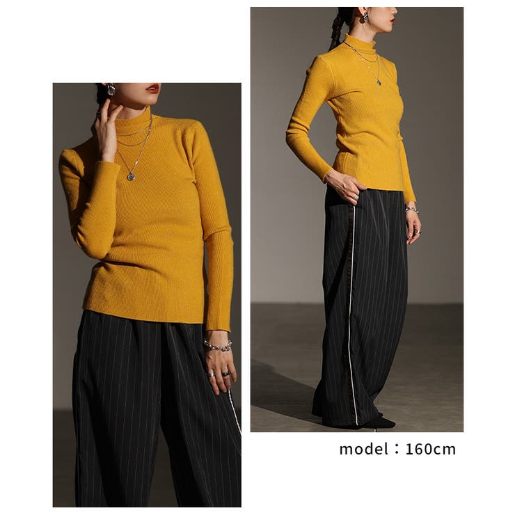 マスタード | ベーシックが着こなしやすいハイネックニットトップス レディース ファッション | Sawa a la mode