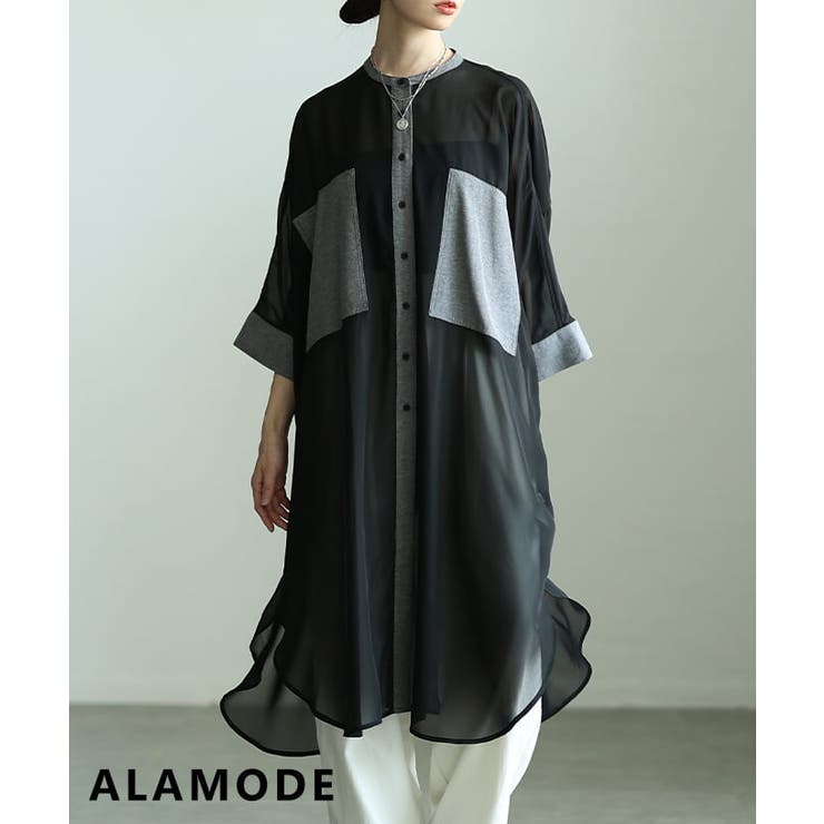 ブラック | モードな存在感を纏う配色切り替えシアーロングシャツ レディース トップス | Sawa a la mode