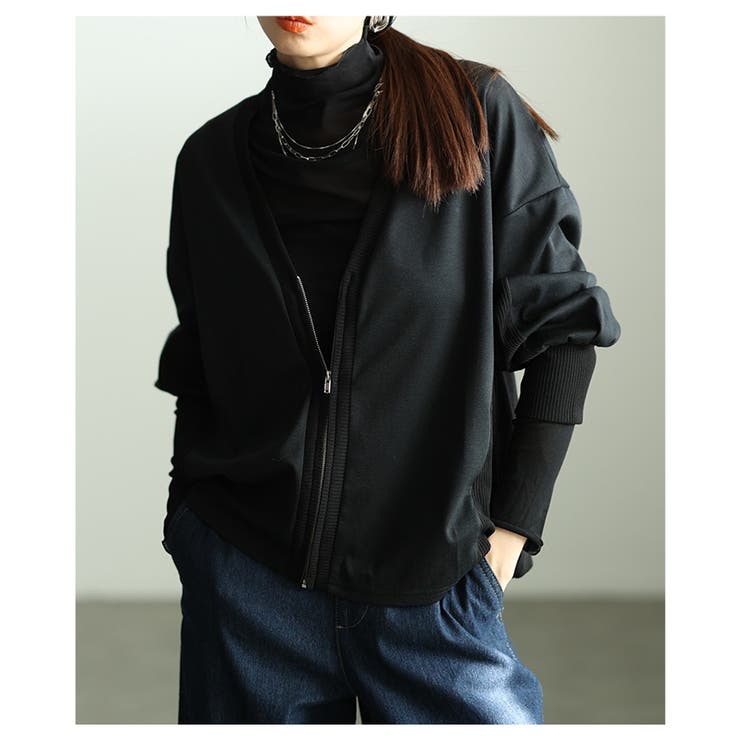 ブラック | 気負わず羽織れるドッキングジップアップカーディガン レディース ファッション | Sawa a la mode
