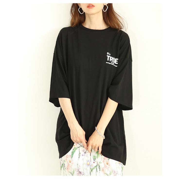 ブラック | 後ろ姿も抜かりない大人のロゴプリントオーバーTシャツ レディース ファッション | Sawa a la mode