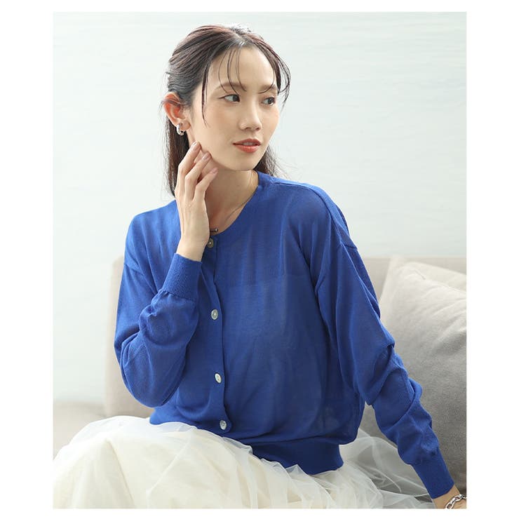 ブルー | 万能な着回し力と旬顔纏うシアーニットカーディガン レディース ファッション | Sawa a la mode