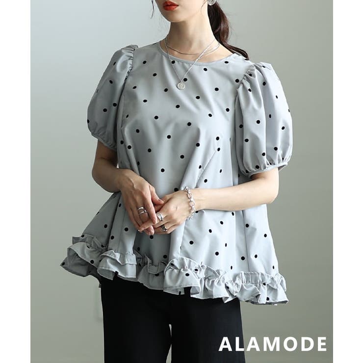 グレー | 着るだけで華やぐフロッキードットフレアブラウス レディース トップス | Sawa a la mode