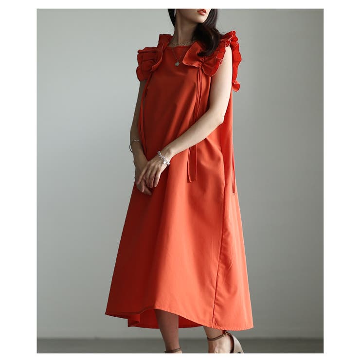オレンジ | ときめく魅力が光るショルダーフリルAラインワンピース レディース ファッション | Sawa a la mode