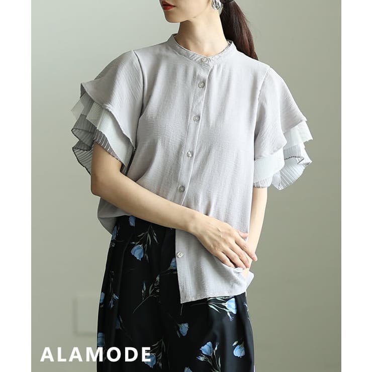 グレー | 立体フリルで着映えるプリーツメッシュ切替ブラウス レディース トップス | Sawa a la mode