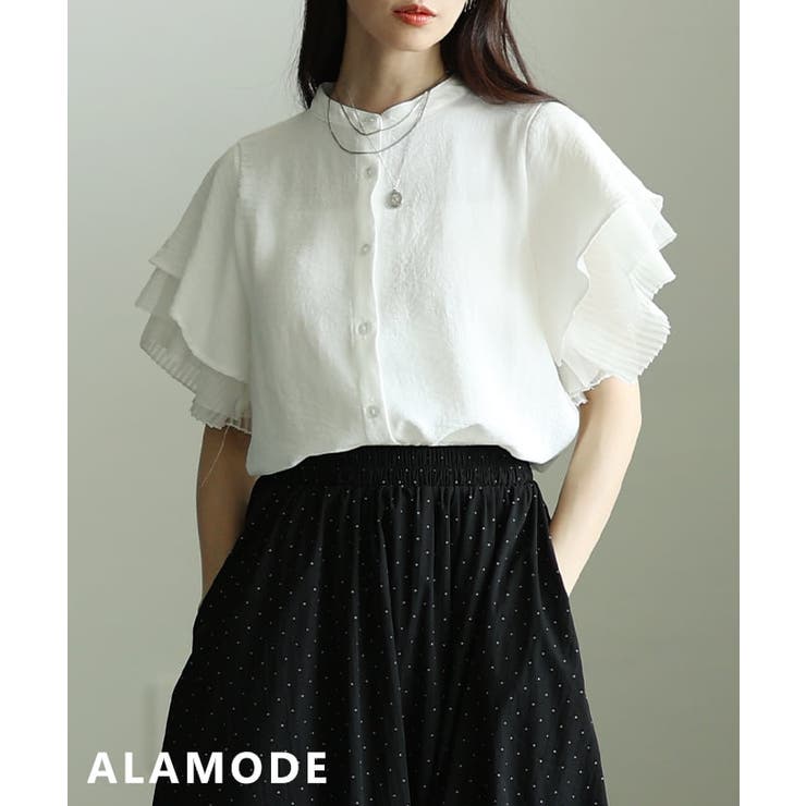 ホワイト | 立体フリルで着映えるプリーツメッシュ切替ブラウス レディース トップス | Sawa a la mode