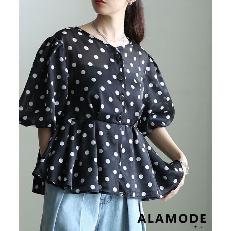 ブラック | シルエットで差がつくドット柄シアーペプラムブラウス レディース トップス | Sawa a la mode