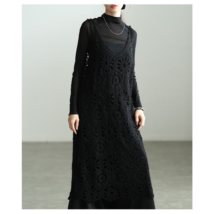ブラック | コーデを盛り上げるクロシェ編みレイヤードワンピース レディース ファッション | Sawa a la mode