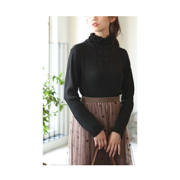 ブラック | くしゅっとシャーリングネックのリブニットトップス レディース ファッション | Sawa a la mode