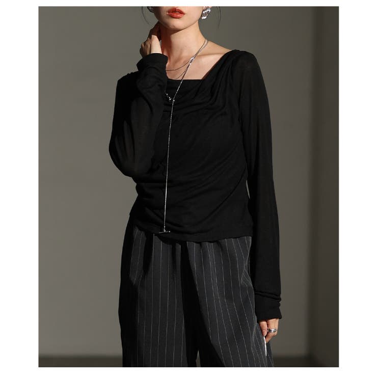 ブラック | ニュアンス感溢れるドレープネックカットソー レディース ファッション | Sawa a la mode