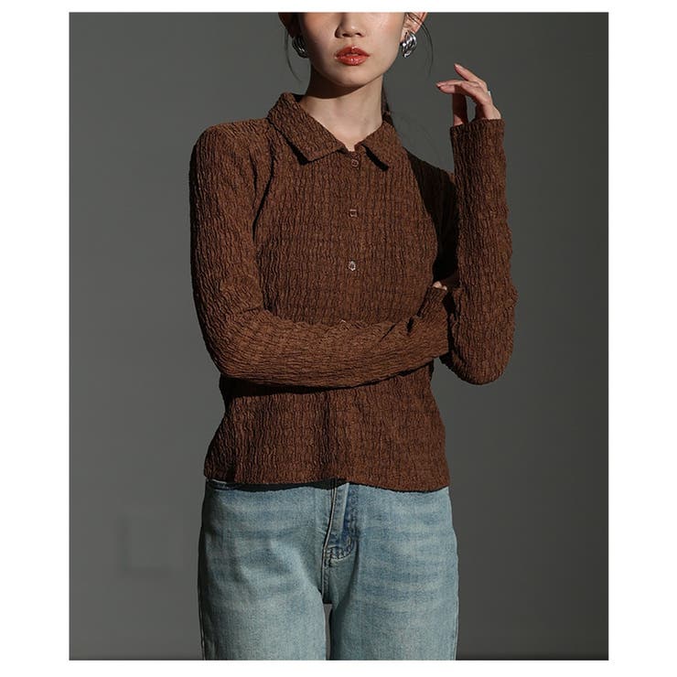ブラウン | エッジを効かせたジャガードシャーリングポロトップス レディース ファッション | Sawa a la mode
