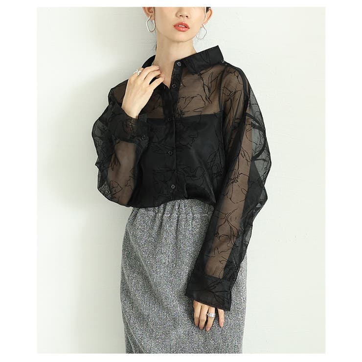 ブラック | 大人のニュアンス溢れるシアー花柄フロッキープリントオーバーサイズシャツ | Sawa a la mode