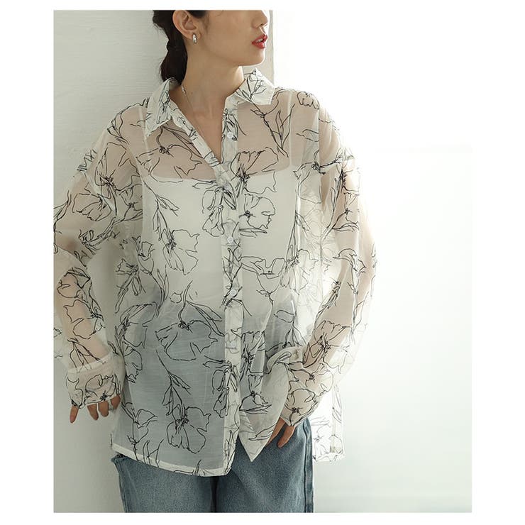 アイボリー | 大人のニュアンス溢れるシアー花柄フロッキープリントオーバーサイズシャツ | Sawa a la mode