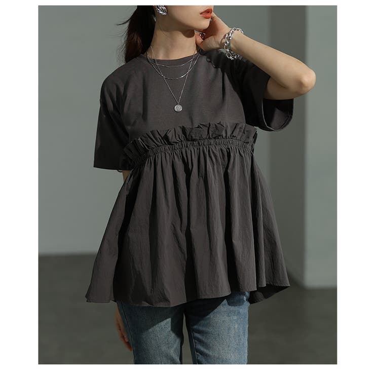 グレー | カジュアル×女性らしさのペプラムドッキングTシャツ レディース ファッション | Sawa a la mode