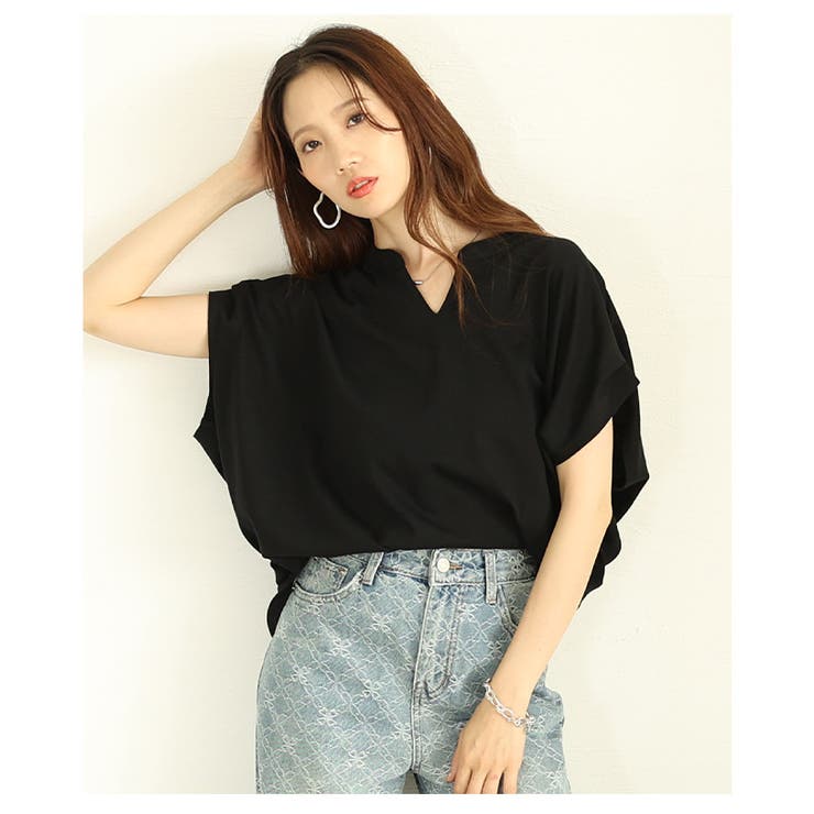 ブラック | リラクシーな抜け感纏うキーネックドルマンカットソー レディース ファッション | Sawa a la mode