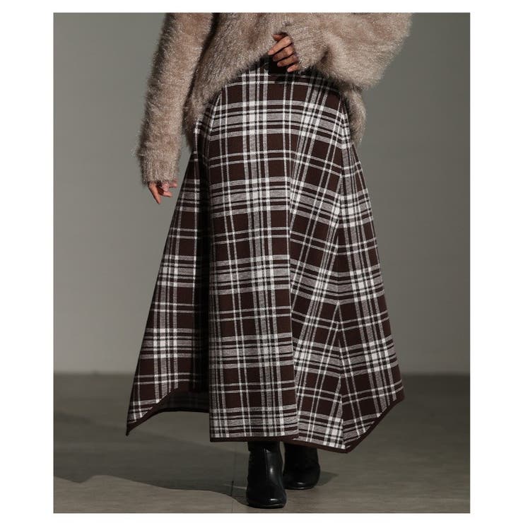 ブラウン | 独特な揺らめきを描くタータンチェックニットフレアスカート レディース ファッション | Sawa a la mode
