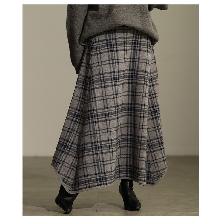 グレー | 独特な揺らめきを描くタータンチェックニットフレアスカート レディース ファッション | Sawa a la mode