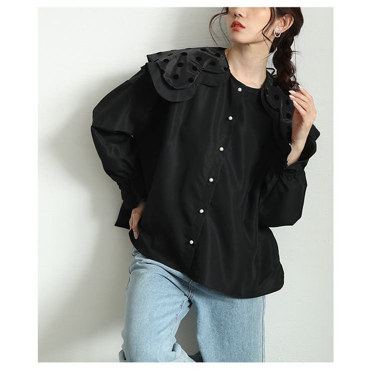 レトロ可愛いスカラップ襟のドットカラーシャツブラウス レディース