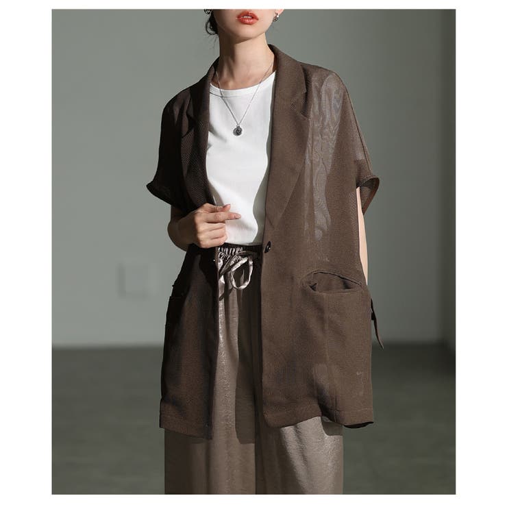 モカ | 透け感で魅せるサイドリボンテーラードメッシュジャケット レディース ファッション | Sawa a la mode